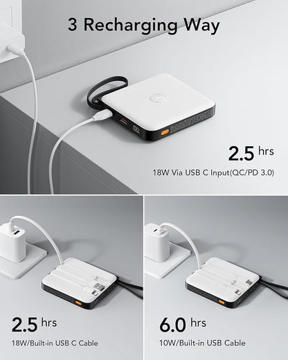VRURC Portable Charger with Built-in Cable, 10000mAh 22.5W Fast Charging USB C Battery Pack, Cell Phone Power Bank for iPhone 17 16 15 Series Android Tablet (White)