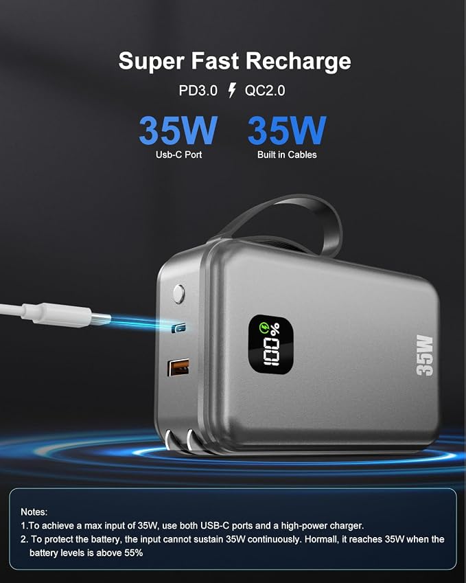 27000mAh Portable Charger with Wall Plug, 35W Fast Charging Power Bank Built-in Cables,4 Ports TSA-Approved Travel Essentials Charging Battery Bank (Space Gray)