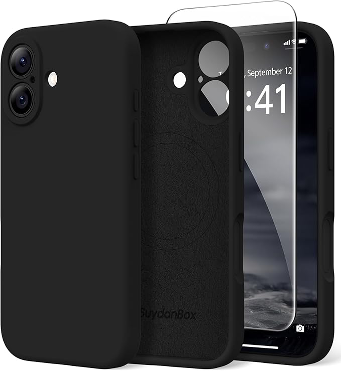 Magnetic for iPhone 16 Case, Compatible with MagSafe, [Screen Protector + Full Camera Protection], Silicone Shockproof Anti-Scratch Protective Phone Case for iPhone 16 6.1", Black
