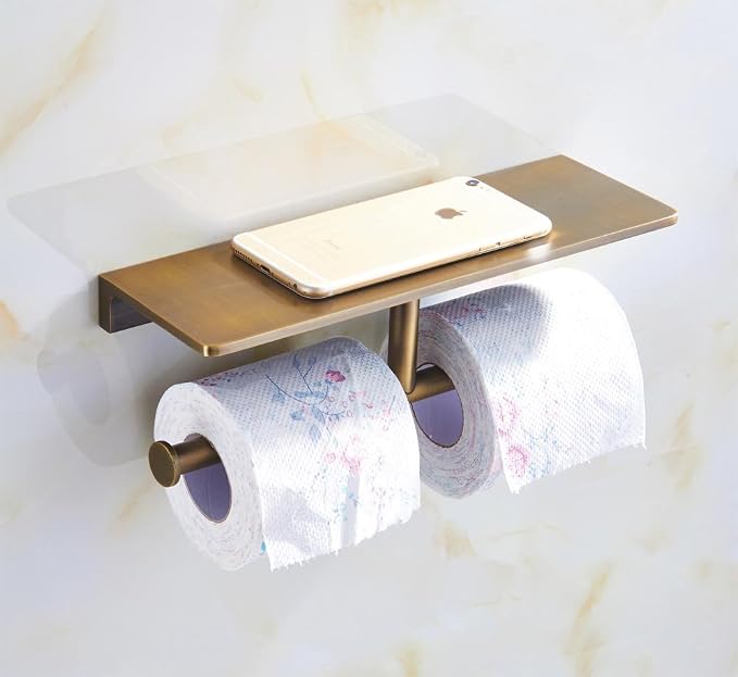 Toilet Paper Holder, Solid Brass Double Roll Toilet Paper Holder with Shelf | Extra-Large Storage for Phone, Glasses | Heavy-Duty for Modern & Commercial Bathrooms, Brushed Bronze Finish