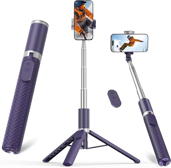 Phone Tripod & Selfie Stick with Remote, Portable, Lightweight for Video Recording Vlog, Extendable Travel Tripod Stand Compatible with iPhone Android, Purple, 62"