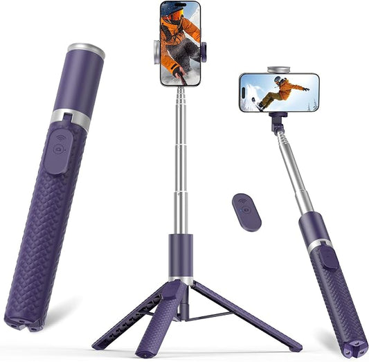 Phone Tripod & Selfie Stick with Remote, Portable, Lightweight for Video Recording Vlog, Extendable Travel Tripod Stand Compatible with iPhone Android, Purple, 62"
