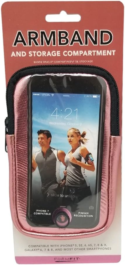 Armband and Storage Compartment for Smartphones. Sweat Resistant. Multi Use. Compatible with iPhone, Samsung Galaxy, Android & Most Smartphones. Metallic Pink.