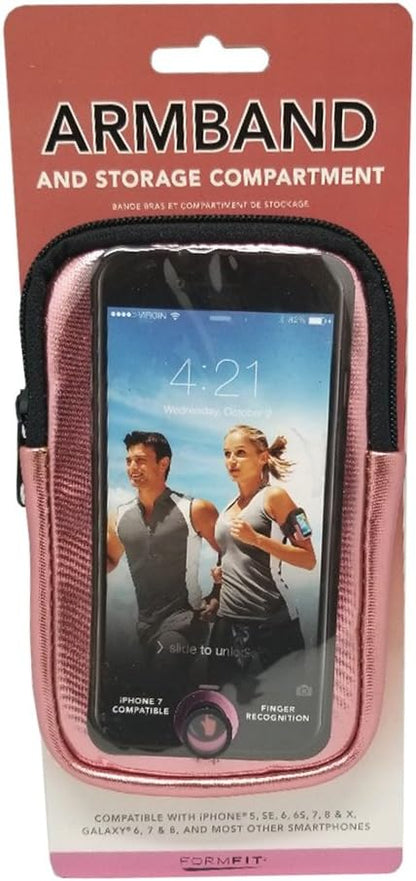Armband and Storage Compartment for Smartphones. Sweat Resistant. Multi Use. Compatible with iPhone, Samsung Galaxy, Android & Most Smartphones. Metallic Pink.