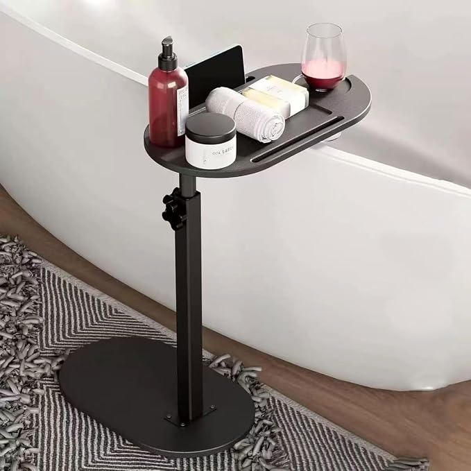 Bamboo Bathtub Tray Table with Adjustable Height,Freestanding Bath Caddy Side Table， Tub Shelf with Wine Glass Phone Holder, Suitable for Luxury Spa ，House Warming Gift and Bathing Reading（Black）