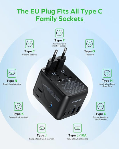 MOMAX Mini 7-in-1 Universal Travel Adapter, GaN 70W Dual AC, 3 USB-C PD & 2 USB-A QC, International Power Charger for 200+ Countries – Compact Travel Adapter for Laptop, Phone, UK/AUS/EU/JP Plug
