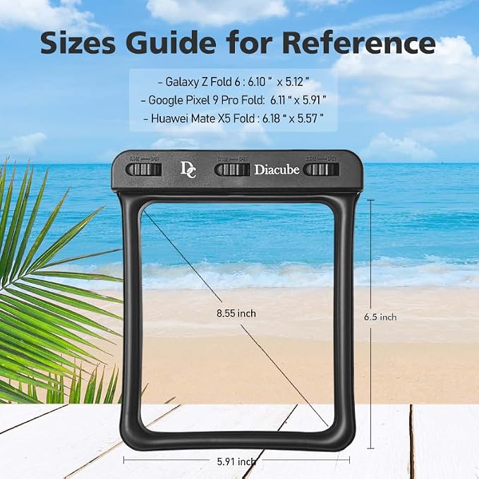 [6.5"x5.9"] Waterproof Phone Pouch for Wide-Screen Foldable Phone - Samsung Galaxy Z Fold/Google Pixel Fold/Huawei Folding, IPX8 Floating Waterproof Phone Case, Must-Have Beach Essentials Black