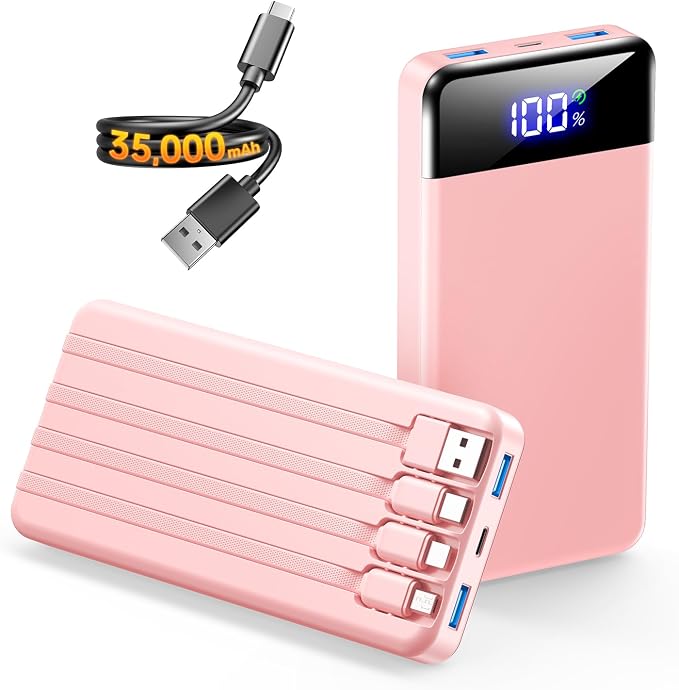 Portable Charger 35000mAh Power Bank - Powerbank with 4 Built in Cables, 22.5W Fast Charging Travel Camping Essential Battery Pack Compatible with iPhone 17 16 15 14 13 Samsung Google, 1 Pack