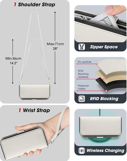 OCASE for iPhone 17 Crossbody Wallet Case - Stylish PU Leather Handbag Phone Purse with Zipper Closure, Card Slots & RFID Blocking - Wrist Strap, Lanyard, Kickstand - Cream
