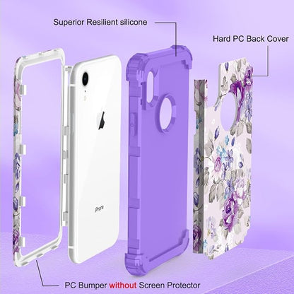 Hocase for iPhone XR Case, Heavy Duty Shockproof Protection Soft Silicone Rubber+Hard Plastic Bumper Hybrid Dual Layer Protective Case for iPhone XR (6.1-inch Display) 2018 - Lavender Flowers