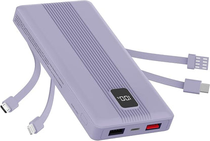 10000mAh Portable Charger with 4 Built-in Cables, 22.5W Fast Charging Power Bank, LED Display, Slim Travel Battery Pack for iPhone 17/16/15/14, Samsung Galaxy, iPad & More