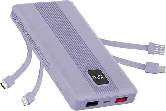 10000mAh Portable Charger with 4 Built-in Cables, 22.5W Fast Charging Power Bank, LED Display, Slim Travel Battery Pack for iPhone 17/16/15/14, Samsung Galaxy, iPad & More