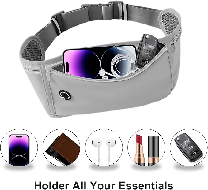 Slim Running Belt for Women Men,Runners Fanny Pack Phone Holder,Money Belt,Running Gear Accessories,with 3 Pockets(Light gray)