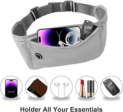 Slim Running Belt for Women Men,Runners Fanny Pack Phone Holder,Money Belt,Running Gear Accessories,with 3 Pockets(Light gray)