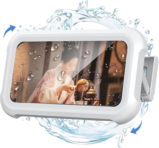 Shower Phone Holder Waterproof, 480°Rotation Wall Mount Shower Phone Case, HD Touch Screen Waterproof Phone Holder for Bathroom Bathtub Kitchen, Fit 4-7" Phone (White)