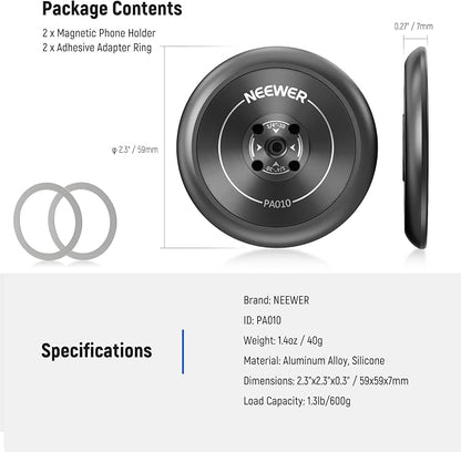 Neewer Magnetic Phone Tripod Mount Adapter with Adhesive Magnetic Ring 2 Pack Compatible with MagSafe iPhone 16 15 Pro Max Plus 14 13 12, 1/4" Thread for Video Recording Selfie Stick Ring Light, PA010