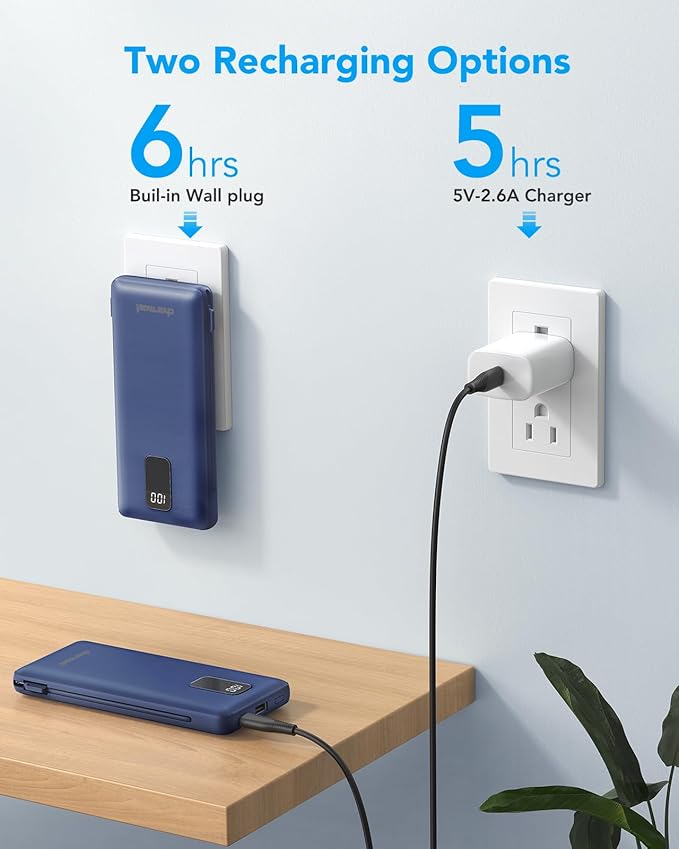 charmast Portable Charger with Built-in Cables and Plug, 10000mAh USB C Power Bank Fast Charging, External Battery Pack Slim, Travel Essentials Compatible with iPhones, Samsung Galaxy, iPad (Grey)