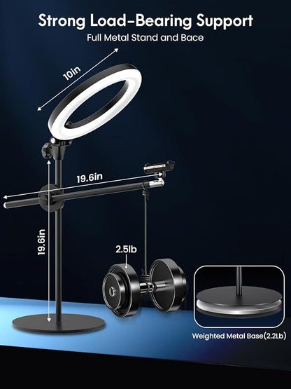 Selfie Ring Light with Stand and Phone Holder,Overhead Phone Mount with 10.5" Ring Lights,Desk Circle Lingt with Tripod Adjustable Shooting Arm for Video Recording,YouTube,TikTok,Live Streaming