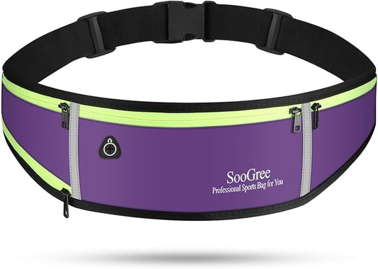 SooGree Men Women Running Belts,Slim Sport Belts,Waterproof Running Fanny Pack,Waterproof Running Waist Packs with Reflective Strip,Runner Belt for Running Walking Cycling Camping Gym (Purple)