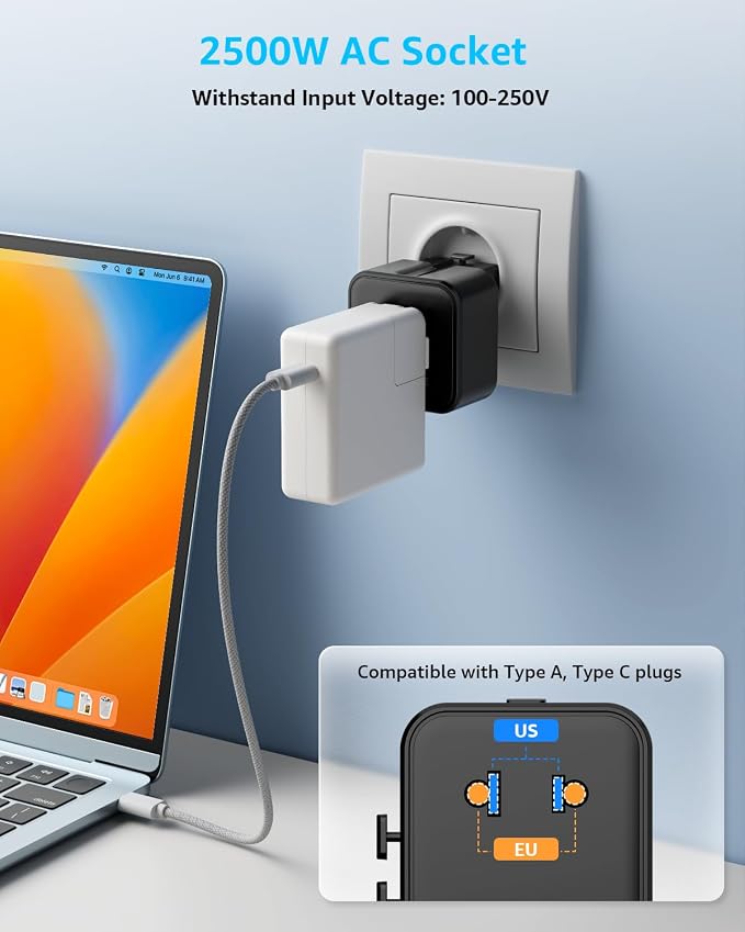 “Air” Universal Travel Adapter 2500W Max AC, Cover 200+ Countries | International Plug Adapter, All in One Portable Adapter, NOT A Voltage Converter, for USA, UK, EU, AU (Black)