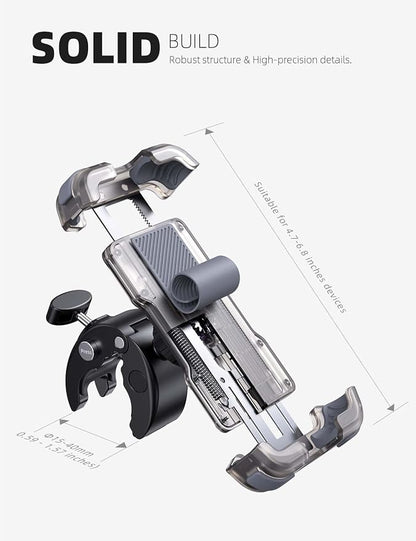 Lamicall Motorcycle Phone Mount, Bike Phone Holder - Upgrade Quick Install Handlebar Clip for Bicycle Scooter, Cell Phone Clamp for iPhone 17 16 15 Pro Max, Galaxy, 4.7-6.8" Phones, Transparent Gray