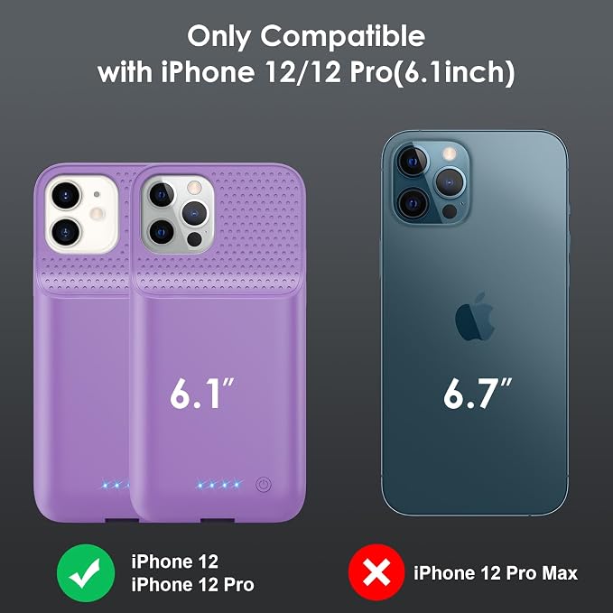 Battery Case for iPhone 12/12 Pro,[2025 Upgraded] 10800mAh Ultra-Slim Portable Extended Charger Case Cover for iPhone 12/12 Pro Charging Case (6.1 Inch)-Purple