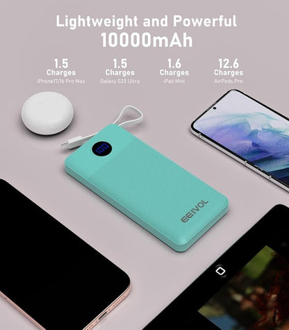Portable Charger with Built in Cables, 10000mAh Power Bank, Battery Pack | 1 Pack, Slim, Travel Essentials, 4 Output 2 Input, for iPhone 17/16/15/14/13,Samsung, Android, etc-Green