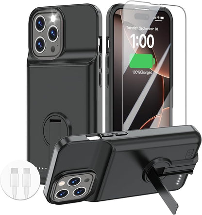 GIN FOXI Battery Case for iPhone 16 Pro Max,Charging Case with Stand, 8500mAh Rechargeable Ultra-Slim Anti-Fall Protection Extended Battery Pack Juice Box for iPhone 16 Pro Max 6.9" Black
