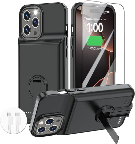 GIN FOXI Battery Case for iPhone 16 Pro Max,Charging Case with Stand, 8500mAh Rechargeable Ultra-Slim Anti-Fall Protection Extended Battery Pack Juice Box for iPhone 16 Pro Max 6.9" Black