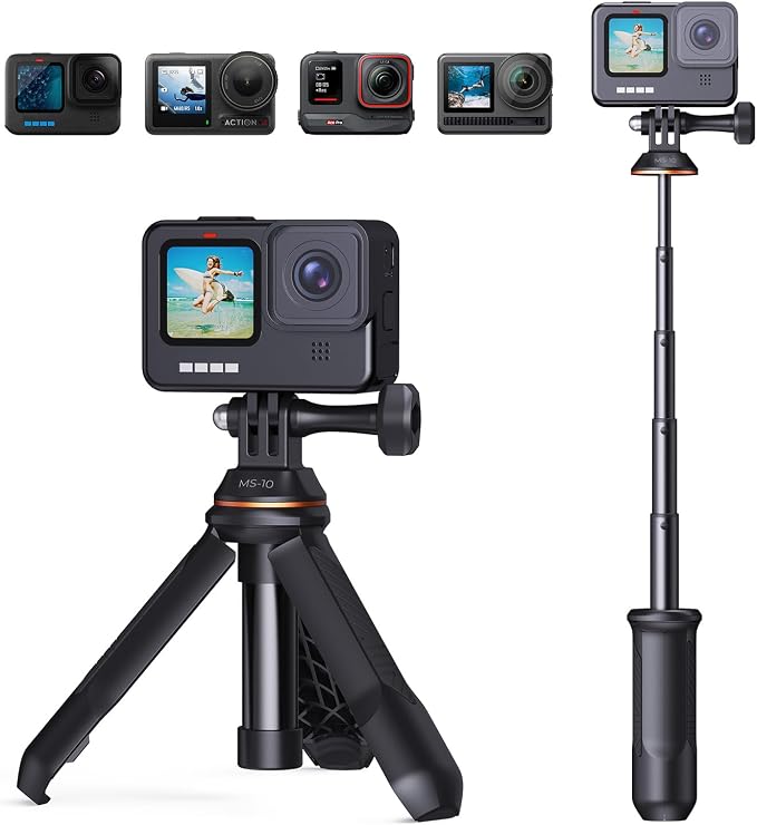 K&F CONCEPT 33.5cm/13.2" Selfie Stick Tripod, Portable Vlog Handle Grip Action Camera Selfie Stick for GoPro Hero 13/12/11/10/9/8/Max, DJI Osmo Action 5/4/3/2/1. (Black)