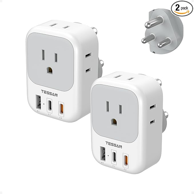 TESSAN South Africa Plug Adapters, Type M Adapter for South Africa with 4 Outlets 3 USB (2 USB-C), Travel Power Adaptor for US to Namibia Botswana Nepal Mozambique Sri Lanka Eswatini Lesotho, 2 Pack