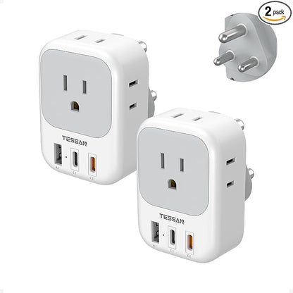 TESSAN South Africa Plug Adapters, Type M Adapter for South Africa with 4 Outlets 3 USB (2 USB-C), Travel Power Adaptor for US to Namibia Botswana Nepal Mozambique Sri Lanka Eswatini Lesotho, 2 Pack