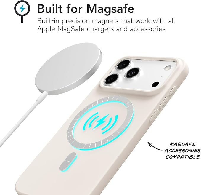 for iPhone 17 Pro Max Case Silicone Compatible with Magsafe Case, Ultra Slim Thin Magnetic Phone Cases Mag Safe, Cute Soft Rubber Gel Matte Wireless Charging Cover for Women, Beige Stone Cream