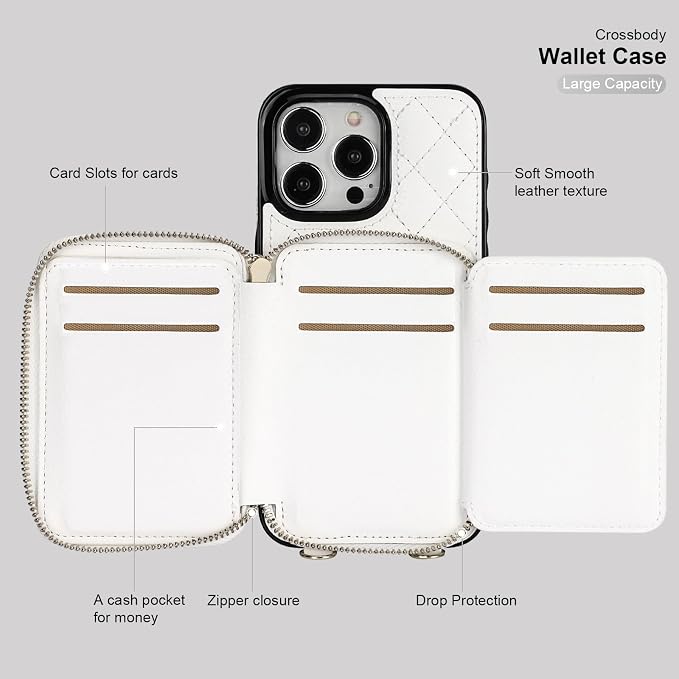 Bocasal Crossbody Wallet Case for iPhone 15 Pro Max, RFID Blocking PU Leather Zipper Handbag Purse Flip Cover, Kickstand Folio Case with Card Slots Holder Wrist Strap Lanyard 5G 6.7 Inch (White)