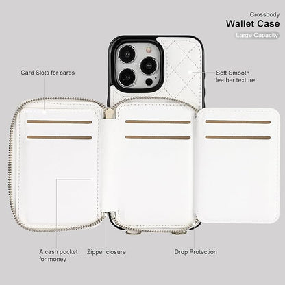 Bocasal Crossbody Wallet Case for iPhone 15 Pro Max, RFID Blocking PU Leather Zipper Handbag Purse Flip Cover, Kickstand Folio Case with Card Slots Holder Wrist Strap Lanyard 5G 6.7 Inch (White)