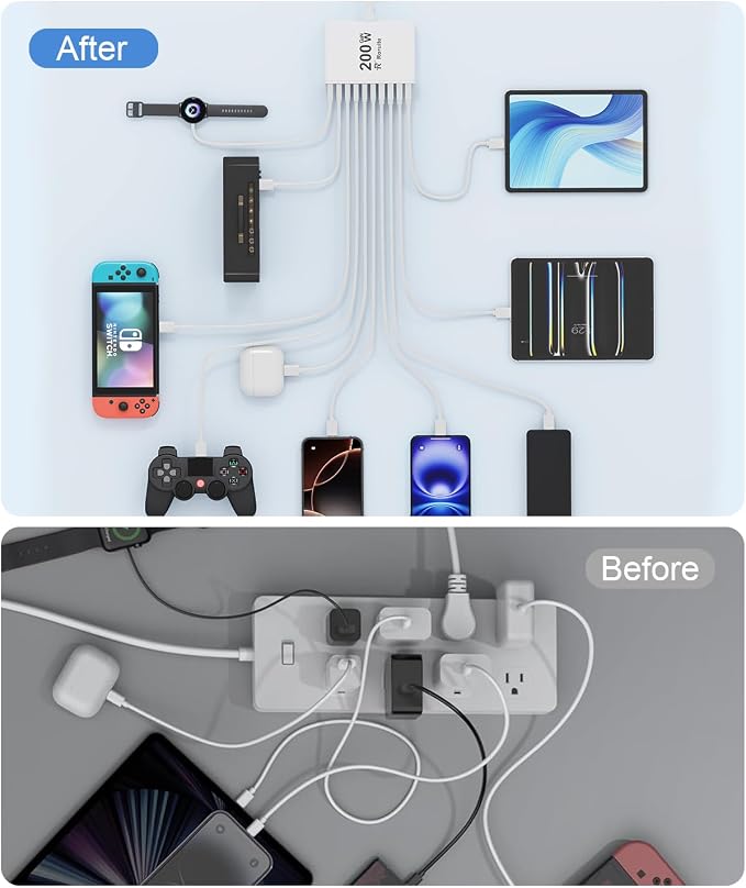 USB C Charging Station 10 Port with 4 Cables,200W GaN Type C Charger Block | Wall Charger Power Strip Adapter Plug for iPad iPhone17 16 15 14 13 12 Pro Max Pixel Note Galaxy White