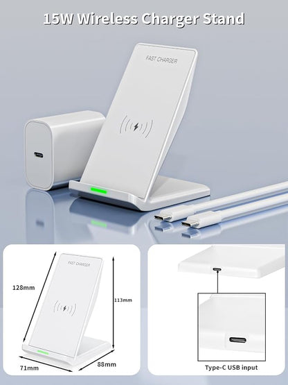 Wireless Phone Charger Stand,15W Fast Android Wireless Charger Station for iPhone 17/17 Air/17 Pro Max/15/14/13, 15W Fast Charging for Samsung Galaxy S23 S22 S21 with 20W USB C Charging Block Adapter
