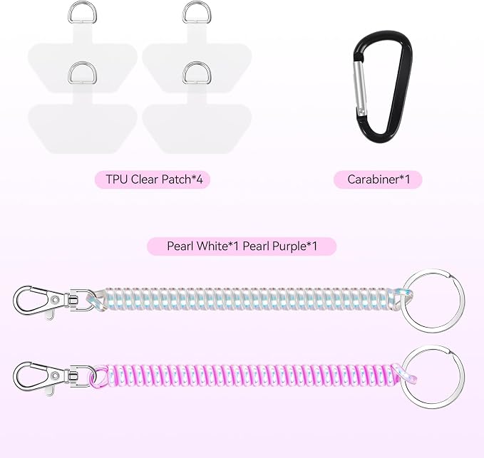 Doormoon Phone Lanyard Leash with 4 Patch, 2* Phone Tether, 4* Phone Tether Tab, 1* Carabiner for Climbing Outdoor Hiking Cycling Skiing Compatible for Smartphones Keys, PearlWhite; PearlPurple