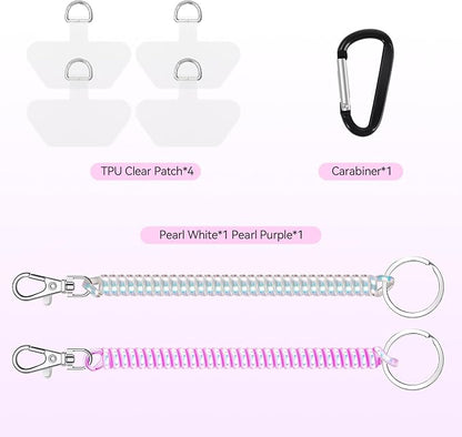 Doormoon Phone Lanyard Leash with 4 Patch, 2* Phone Tether, 4* Phone Tether Tab, 1* Carabiner for Climbing Outdoor Hiking Cycling Skiing Compatible for Smartphones Keys, PearlWhite; PearlPurple