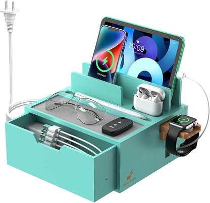Pezin & Hulin Bamboo Charging Station for Multi Device, with Power Charger & Cables, Nightstand Docking Stand with Felt Pad Tray & Drawer, Compatible with Tablet, Cell Phone, Smart Watch-Teal