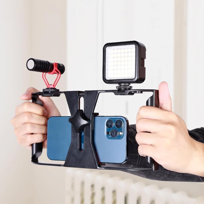 Smartphone Video Rig, Phone Video Stabilizer Grip Vlogging Cage with Cold Shoe 1/4 Screw Hole, Phone Handheld Rig for Videomaker Film Maker Video Grapher Live Recording