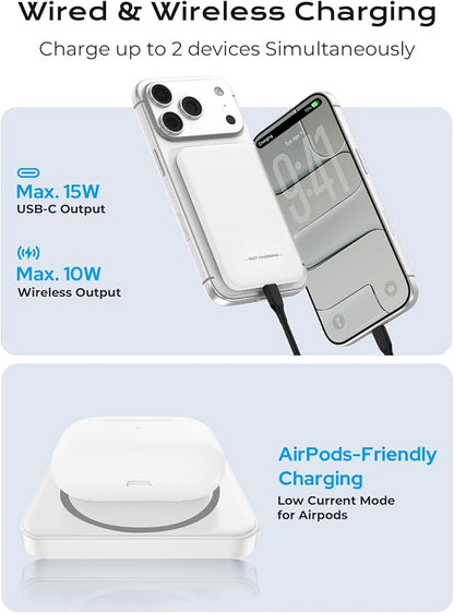 Magnetic Portable Charger, 5000mAh Ultra Slim Power Bank, 15W Fast Charging for Magsafe Battery Pack, Travel Essential Wireless Charger Compatible with iPhone 17/16/15 Series - White