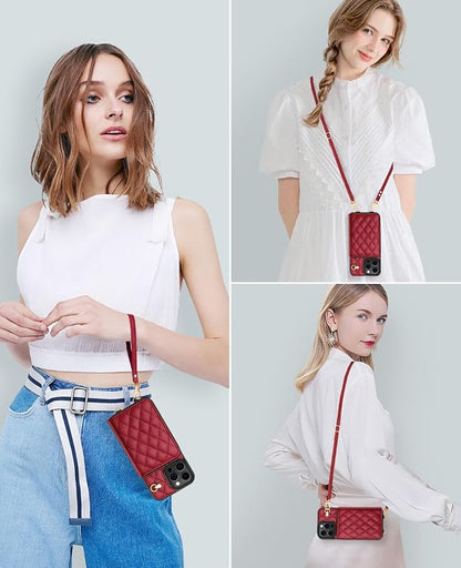 OCASE Compatible with iPhone 16 Pro Crossbody Wallet Case with Card Holder, PU Leather Zipper Handbag Phone Purse with RFID Blocking Kickstand Wrist Strap Lanyard 6.3 Inch, Diamond Check Red