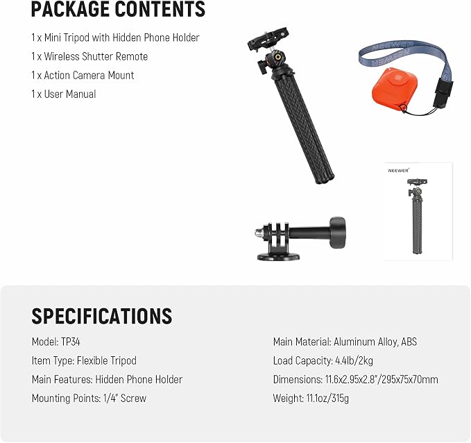 NEEWER Camera Tripod with Remote, Mini Flexible Vlog Phone Tripod Stand with Action Camera Mount Adapter, Hidden Phone Holder & Cold Shoe Compatible with iPhone Hero13 12 11 10 9, Max Load 4.4lb, TP34