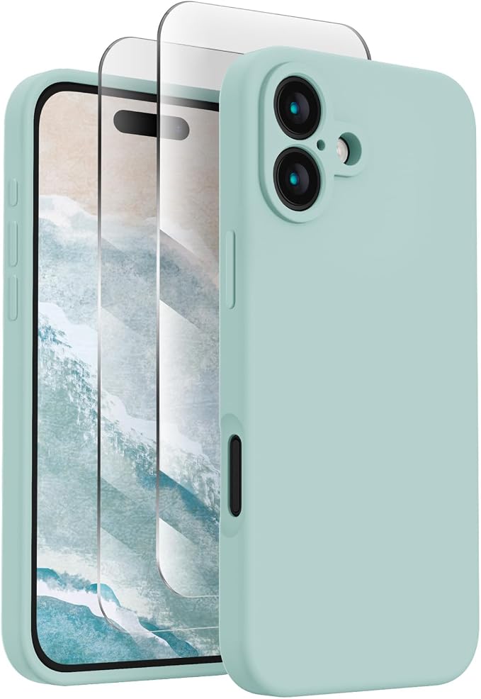 FireNova Designed for iPhone 16 Plus Case, Silicone Upgraded [Camera Protection] Case with [2 Screen Protectors], Soft Anti-Scratch Microfiber Lining Inside, 6.7 inch, Mint Green