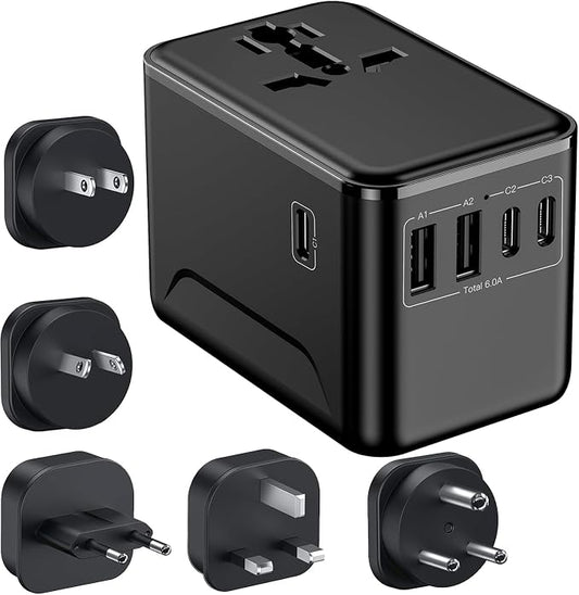JMFONE Universal Travel Adapter with Type D Plug(India & Most Africa), International Travel Adapter with 3 USB-C & 2 USB-A, 30W Fast Charging 2500W AC Outlet, Travel Plug Adapter for 200+ Countries
