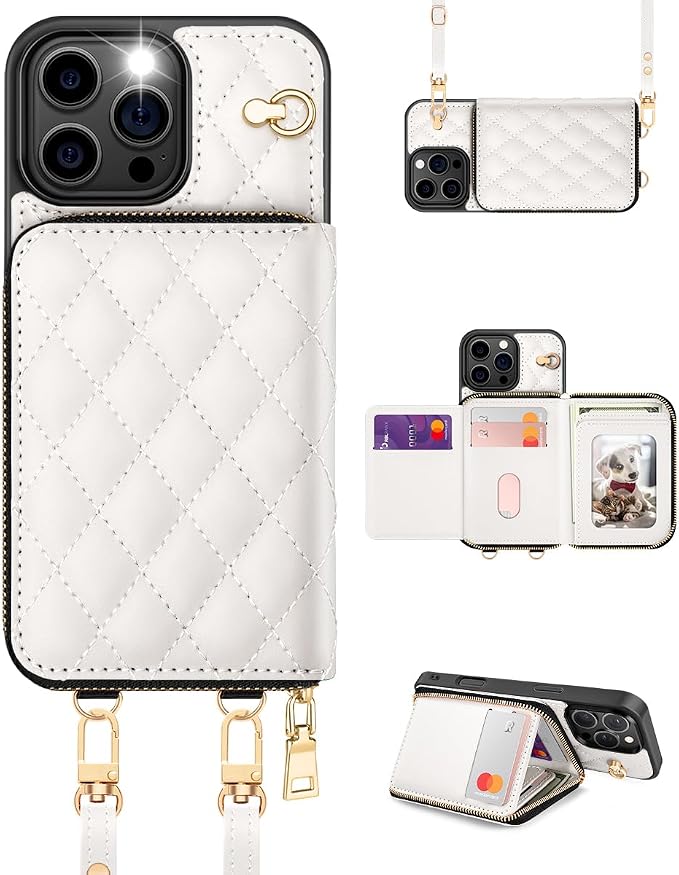OCASE Compatible with iPhone 16 Pro Crossbody Wallet Case with Card Holder, PU Leather Zipper Handbag Phone Purse with RFID Blocking Kickstand Wrist Strap Lanyard 6.3 Inch, Diamond Check Cream