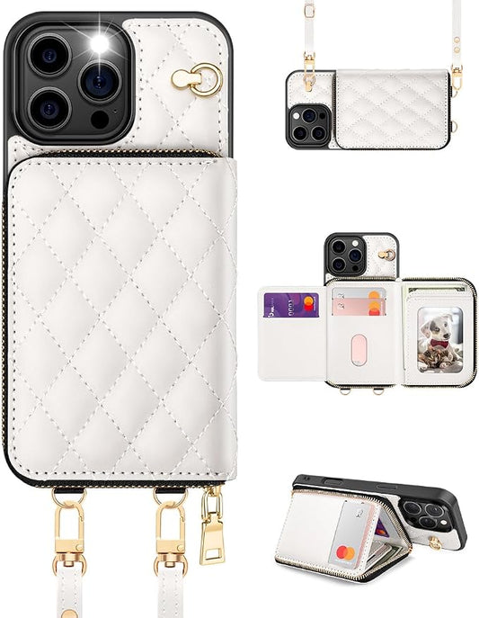 OCASE Compatible with iPhone 16 Pro Crossbody Wallet Case with Card Holder, PU Leather Zipper Handbag Phone Purse with RFID Blocking Kickstand Wrist Strap Lanyard 6.3 Inch, Diamond Check Cream