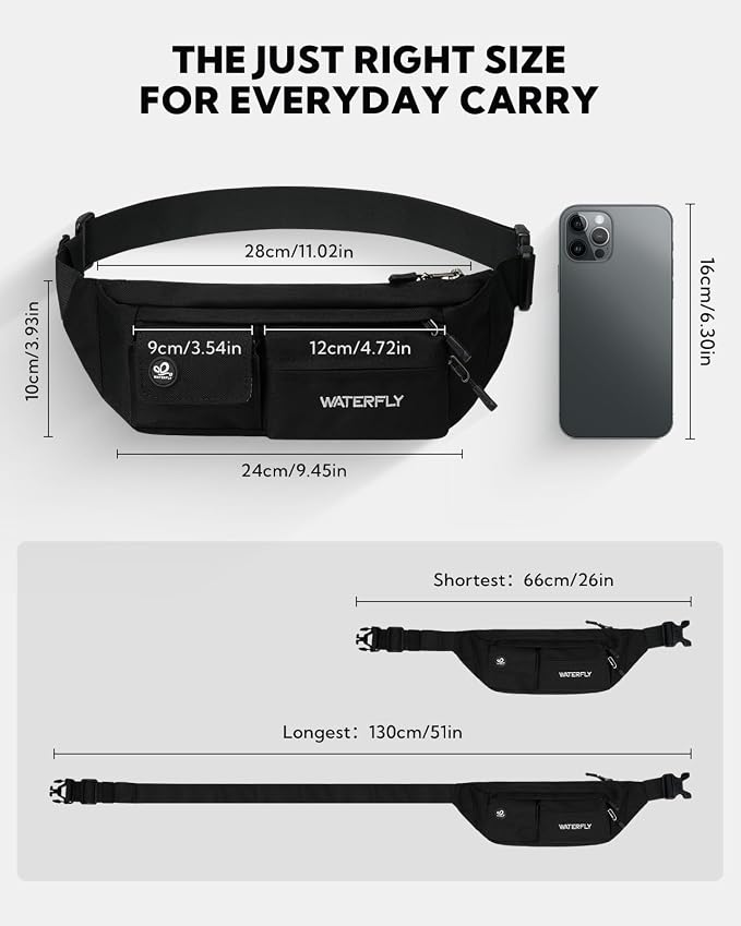 WATERFLY Small Crossbody Fanny Pack: 5 Pocket Slim Lightweight Waist Belt Hip Bag for Women Men Water Resistant Chest Pouch for Travel Hiking Running Walking Fit All Phones - Black
