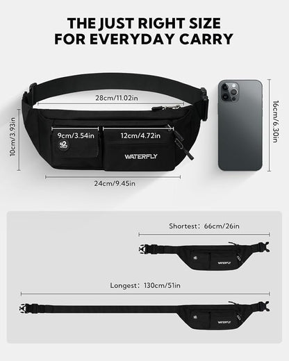 WATERFLY Small Crossbody Fanny Pack: 5 Pocket Slim Lightweight Waist Belt Hip Bag for Women Men Water Resistant Chest Pouch for Travel Hiking Running Walking Fit All Phones - Black